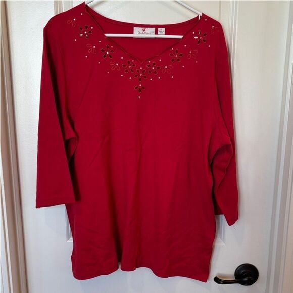 Quacker Factory Red Blouse Floral Cutout Rhinestone  Womens Size XL 3/4 Sleeve - Picture 2 of 5